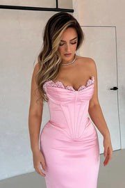 Fitted Satin Strapless Floor-Length Prom Party Dress