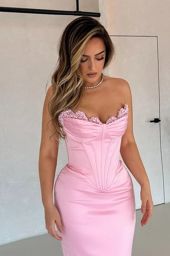 Fitted Satin Strapless Floor-Length Prom Party Dress