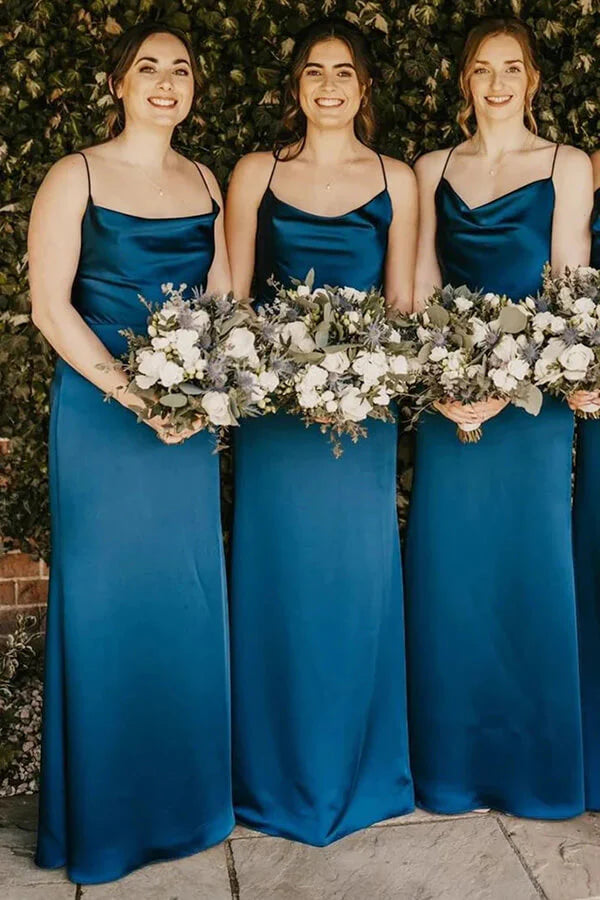 Fitted Spaghetti Straps Floor-Length Satin Bridesmaid Dress
