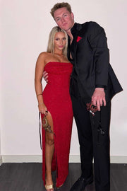 Fitted Strapless Empire Party Prom Dress With Leg Slit