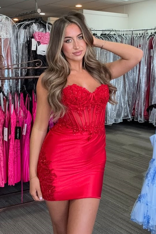 Fitted Sweetheart Sleeveless Satin Homecoming Dress With Lace Appliques Red / US 8 Fitted Sweetheart Sleeveless Satin Homecoming Dress With Lace Appliques Red / US 8