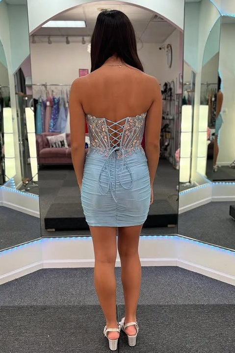 Fitted Sweetheart Strapless Lace Appliques Sheer Empire Homecoming Dress