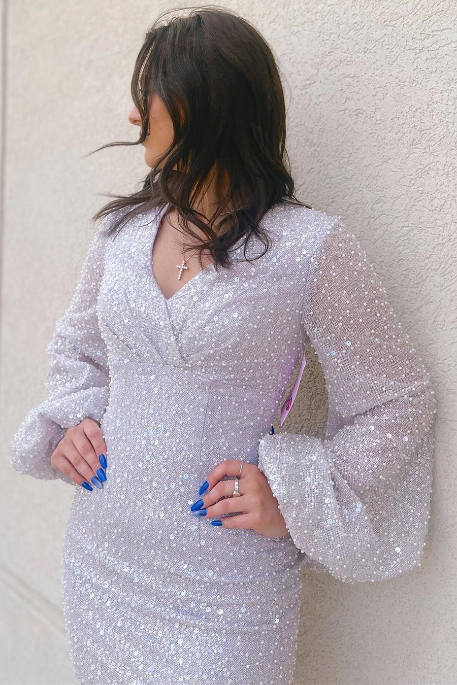 Fitted V-Neck Long Sleeves Empire Beaded Sequins Homecoming Dress Custom Color / US 14 Fitted V-Neck Long Sleeves Empire Beaded Sequins Homecoming Dress Custom Color / US 14
