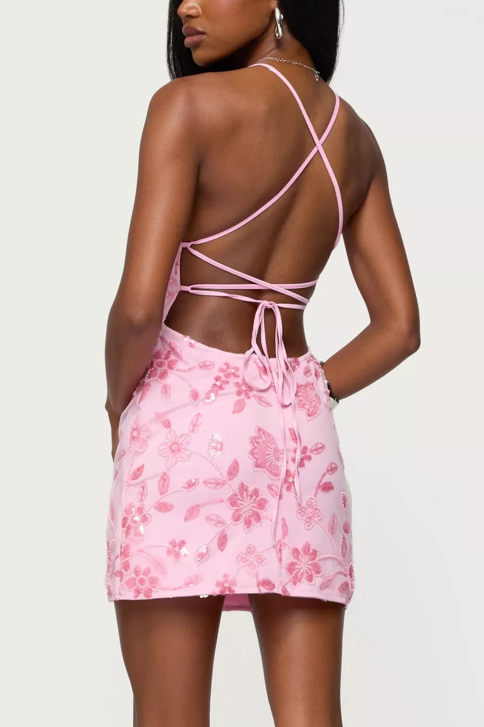 Fitted V-Neck Spaghetti Straps Lace Up Appliques Homecoming Dress