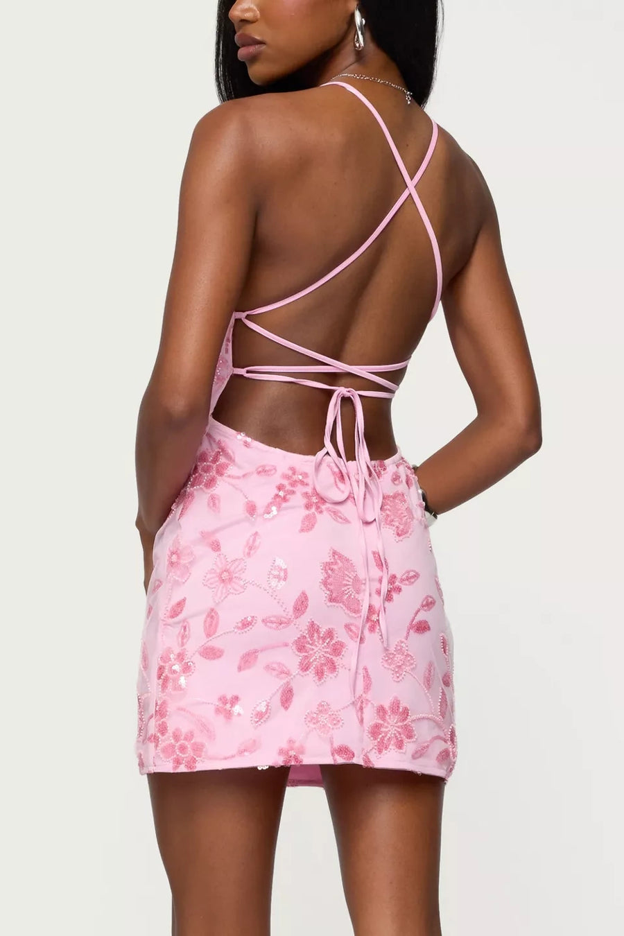 Fitted V-Neck Spaghetti Straps Lace Up Appliques Homecoming Dress