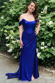 Fitter With Train Bateau Off-Shoulder Ruched Sequins Prom Dress