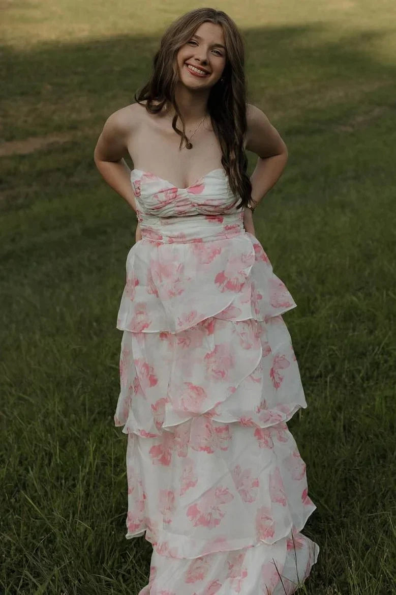 Floral Appliques Sweetheart Strapless Chiffon A-Line Party Prom Dress