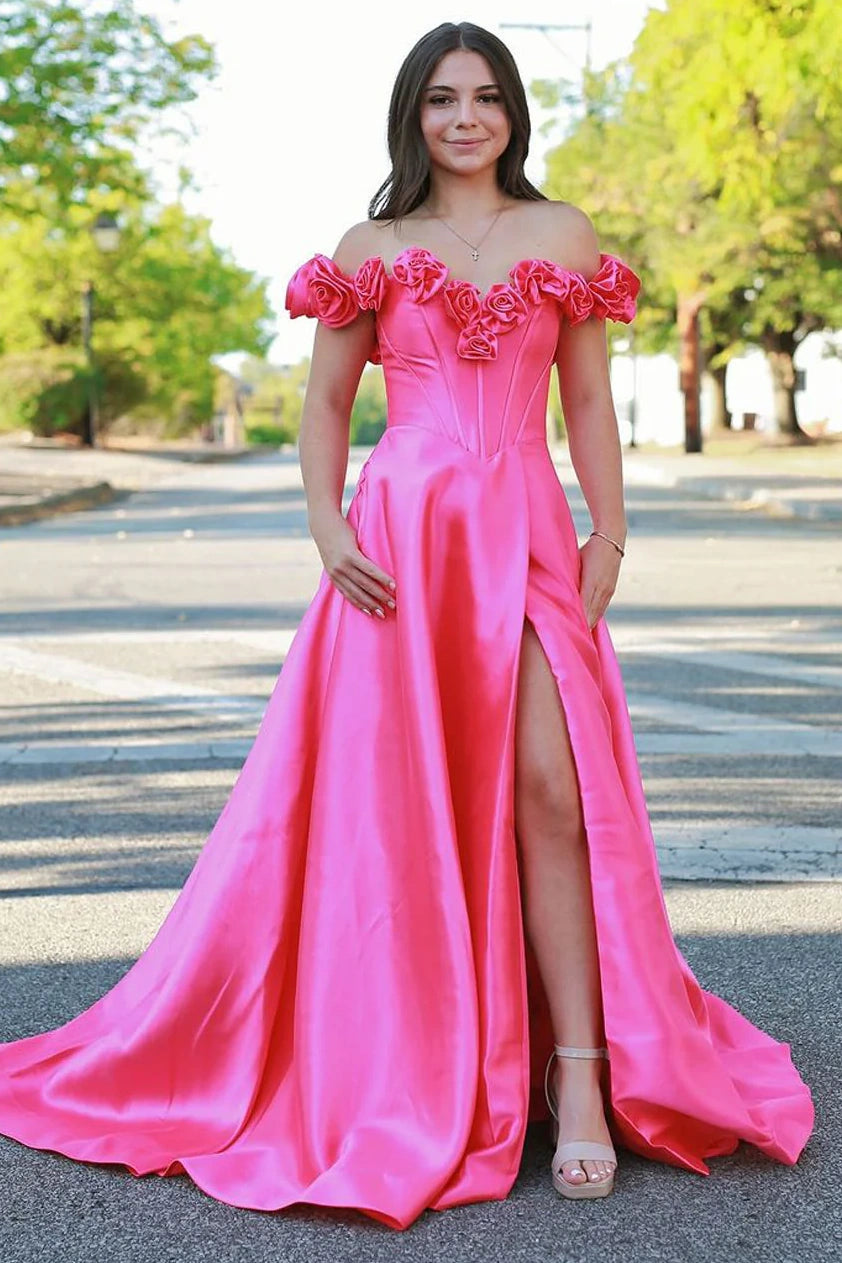 Floral Off-Shoulder Satin A-Line Long Prom Dress With Side Slit