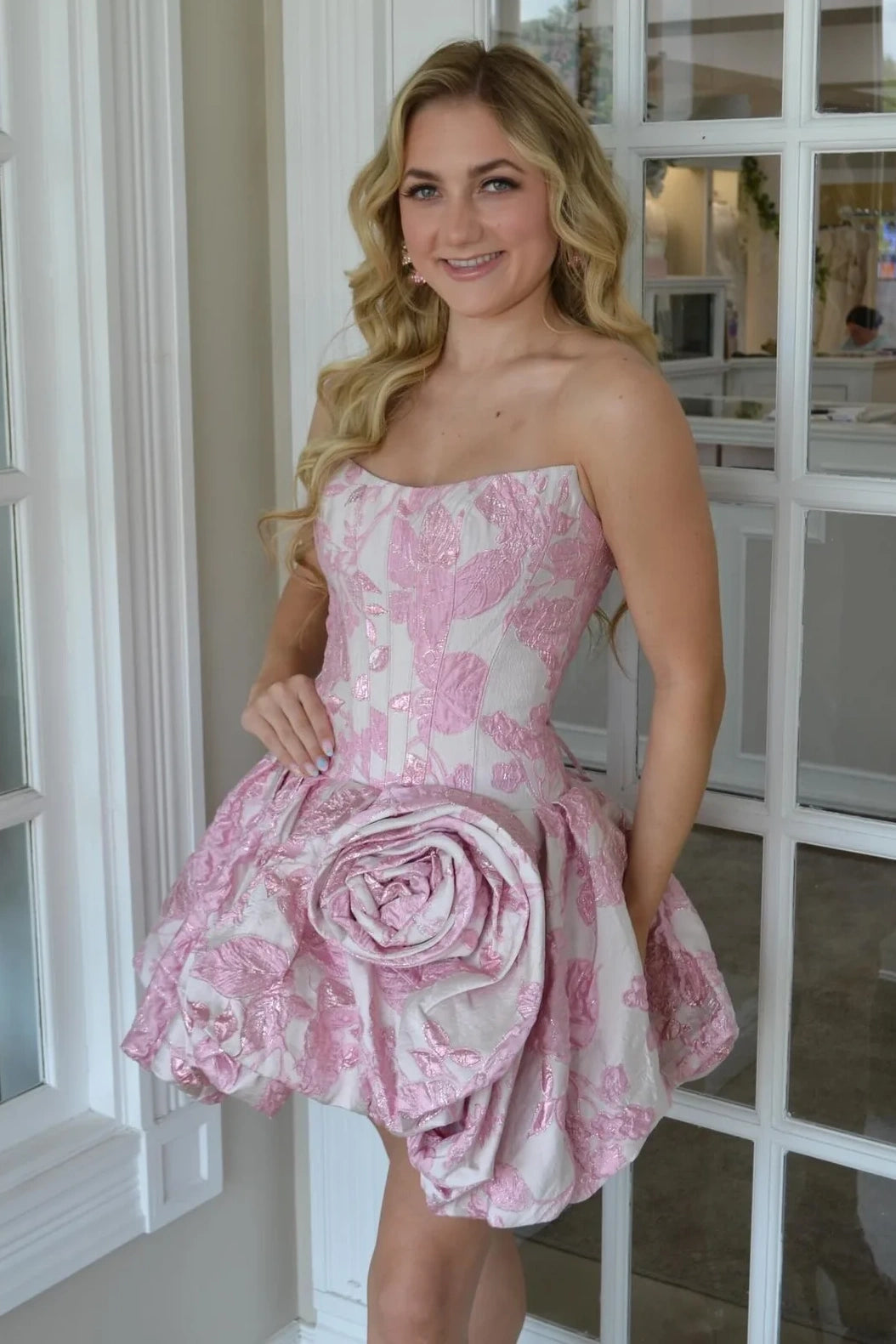 Floral Print Boat Strapless A-Line Short Homecoming Dress