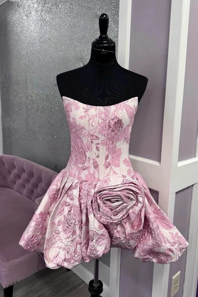 Floral Print Boat Strapless A-Line Short Homecoming Dress