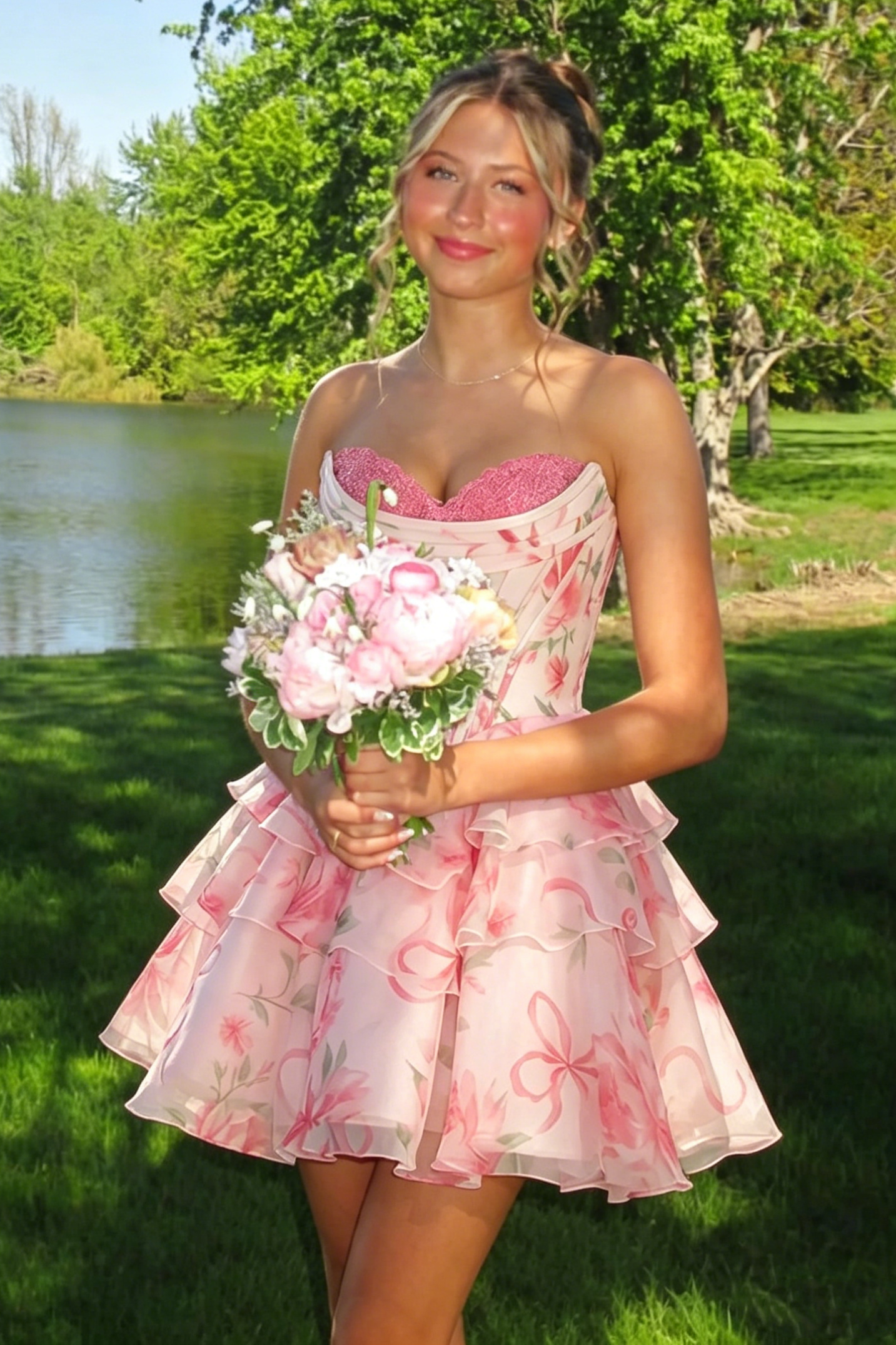 Floral Print Sweetheart Sleeveless Chiffon A-Line Tiered Homecoming Dress