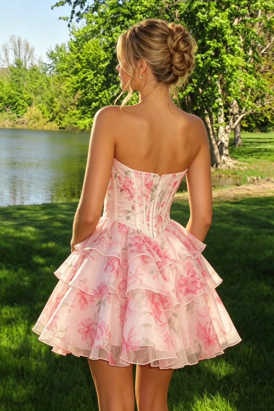Floral Print Sweetheart Sleeveless Chiffon A-Line Tiered Homecoming Dress