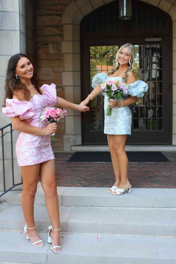 Floral Satin Fitted Strapless Puff Sleeveless Mini Homecoming Dress