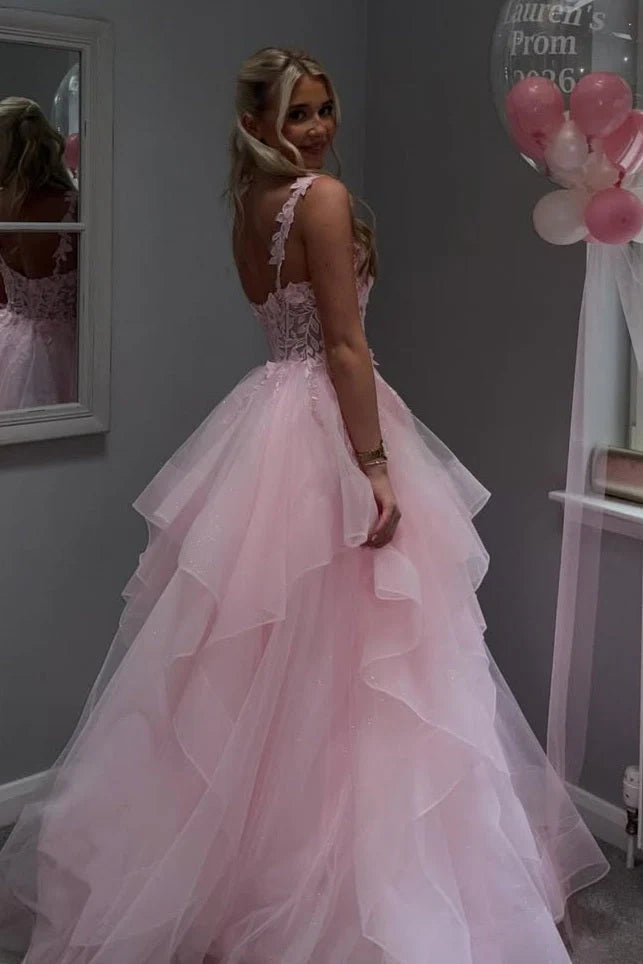 Floral Straps Lace And Tulle Tiered Long Formal Party Prom Gown