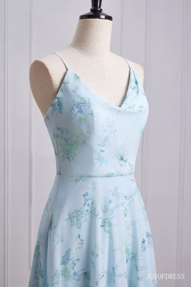 Floral Print A-Line Criss Cross Back Bridesmaid Dress close up shot right side facing shot