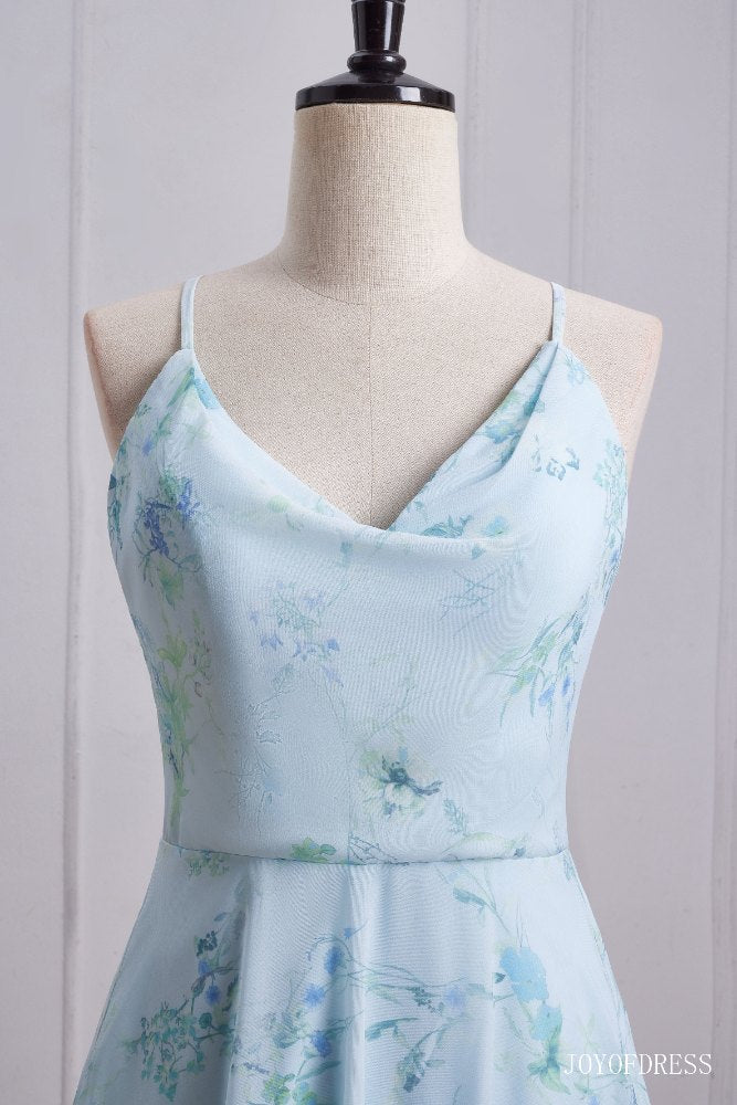 Floral Print A-Line Criss Cross Back Bridesmaid Dress front facing close us shot
