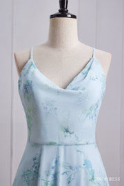 Floral Print A-Line Criss Cross Back Bridesmaid Dress front facing close us shot