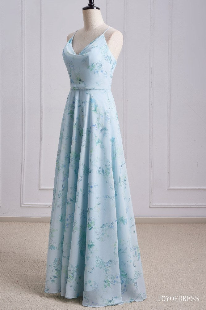 Floral Print A-Line Criss Cross Back Bridesmaid Dress front side right facing shot