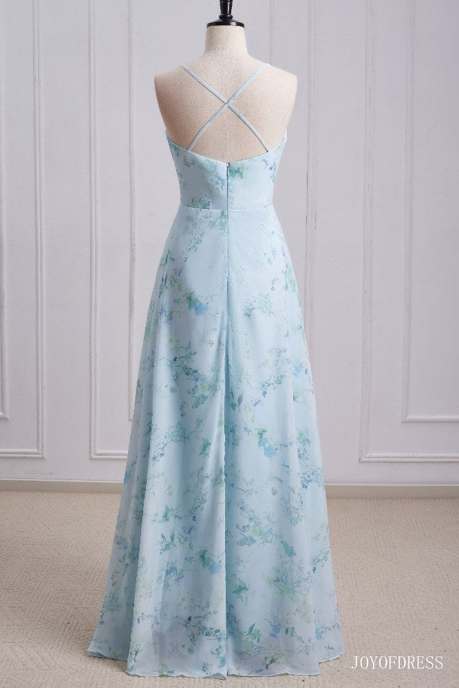 Floral Print A-Line Criss Cross Back Bridesmaid Dress full shot back side