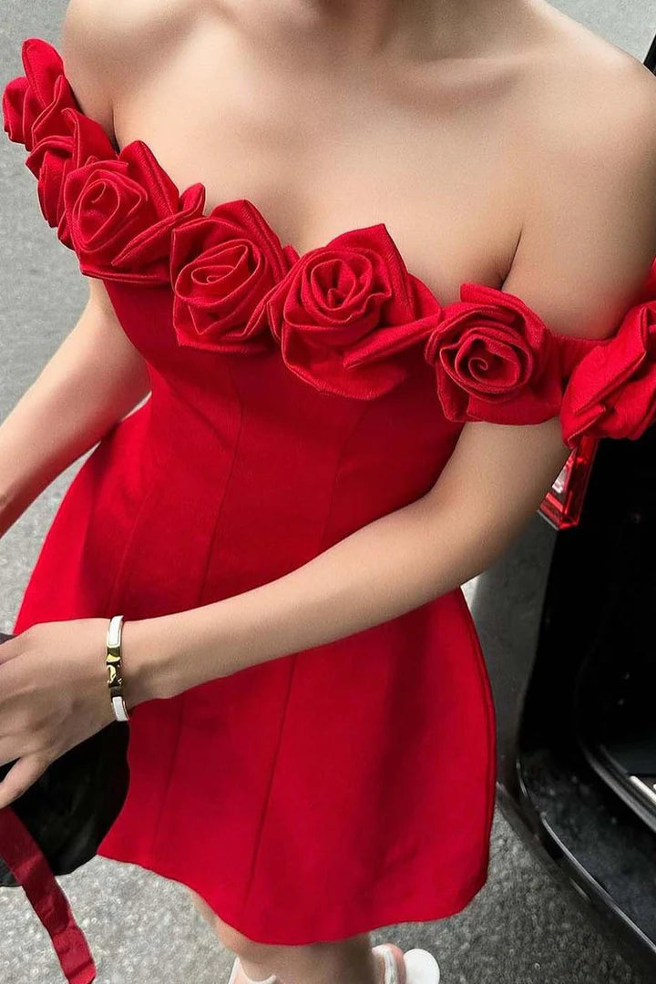 Florals Off-Shoulder Satin A-Line Empire Homecoming Dress