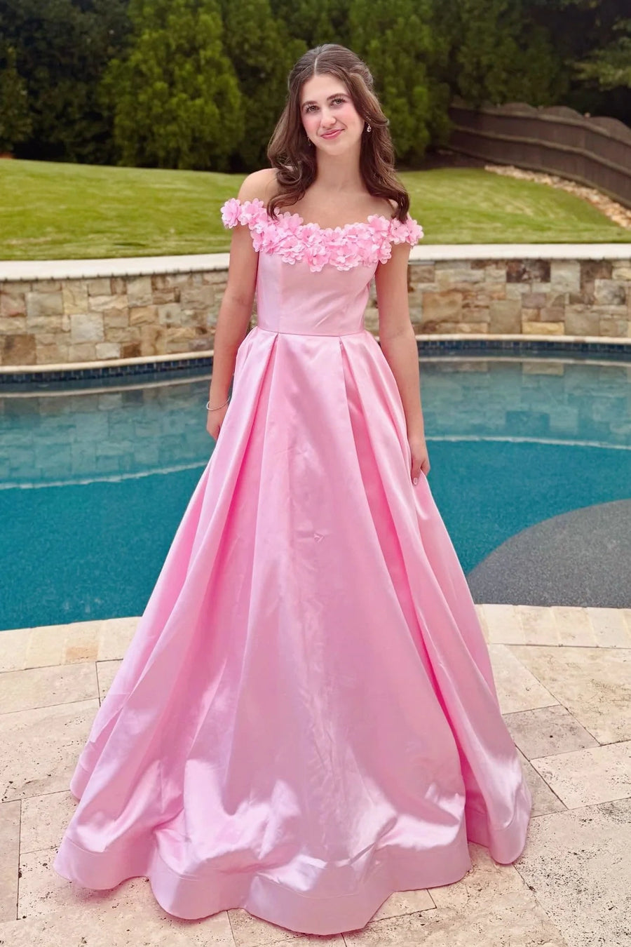 Florals Off-Shoulder Satin A-Line Long Party Prom Dress