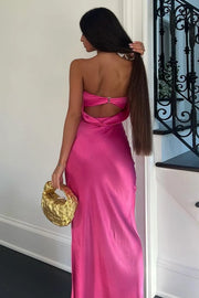 Fuchsia Satin Strapless Empire Long Party Prom Dress