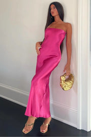 Fuchsia Satin Strapless Empire Long Party Prom Dress