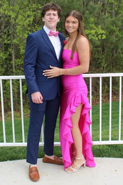 Fuchsia Satin Strapless Ruffle Party Prom Dress With Leg Slit
