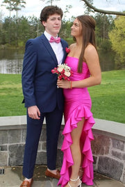 Fuchsia Satin Strapless Ruffle Party Prom Dress With Leg Slit