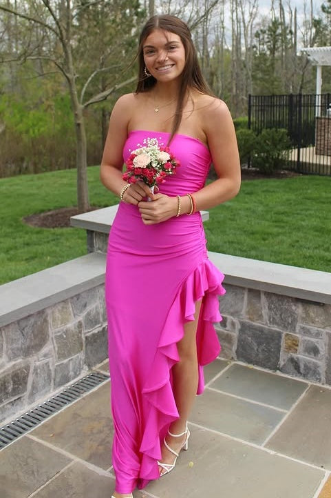 Fuchsia Satin Strapless Ruffle Party Prom Dress With Leg Slit