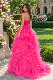 Fuchsia Sweetheart Corset Empire Ruffle Tulle A-Line Party Prom Dress
