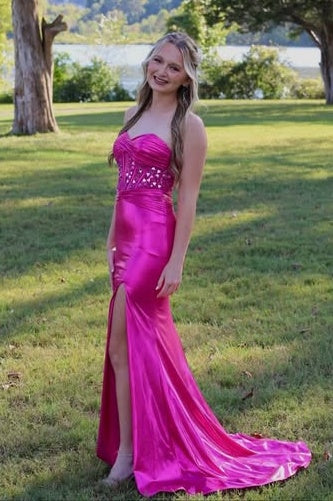 Fuchsia Sweetheart Strapless Beaded Mermaid Party Prom Dress With Train