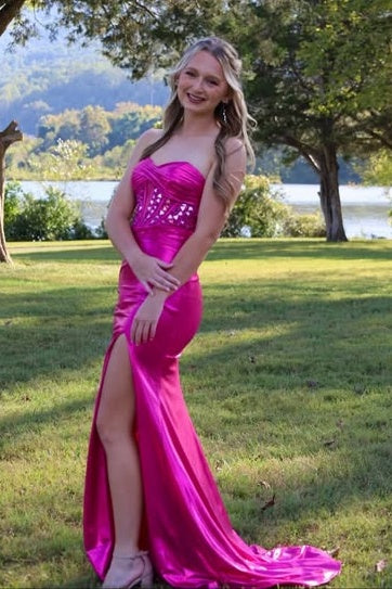 Fuchsia Sweetheart Strapless Beaded Mermaid Party Prom Dress With Train