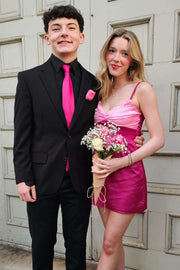 Fuchsia V-Neck Sleeveless Mini Satin Evening Homecoming Dress