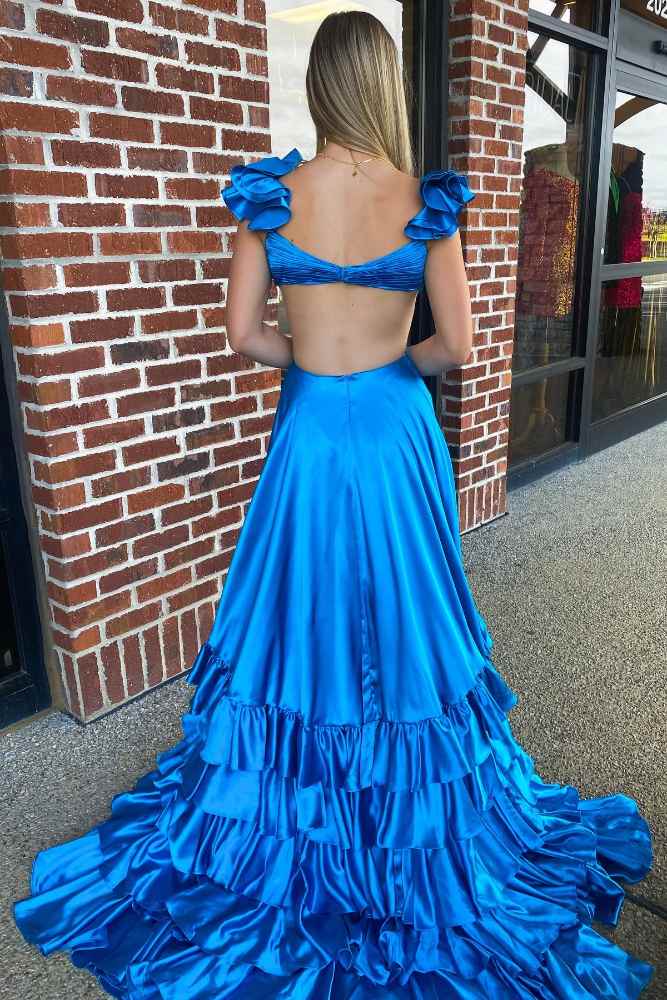 Crossed Top Ruffled Layers Long Prom Dress with Slit Sky Blue / US 6 Crossed Top Ruffled Layers Long Prom Dress with Slit Sky Blue / US 6