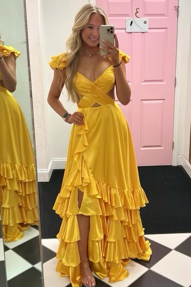 Fuchsia Crossed Top Ruffled Layers Long Prom Dress with Slit front long shot with model