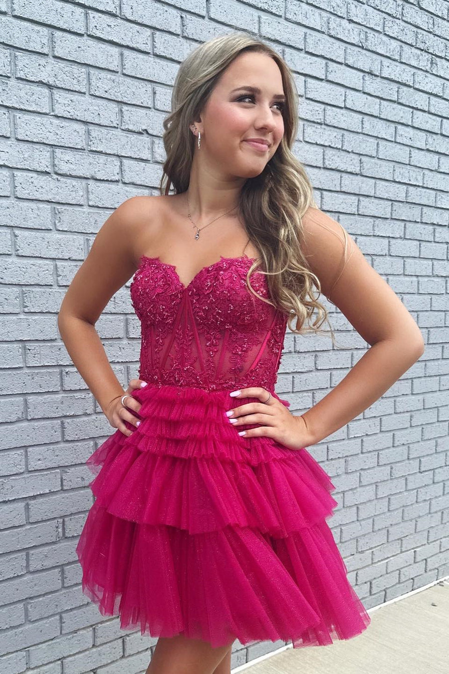 Fuchsia Lace Applique Strapless Ruffled Short Homecoming Dresses Red / US 12