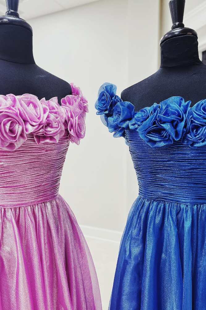Fuchsia Off the Shoulder 3D Floral A-Line Long Prom Dress  CLose Shot