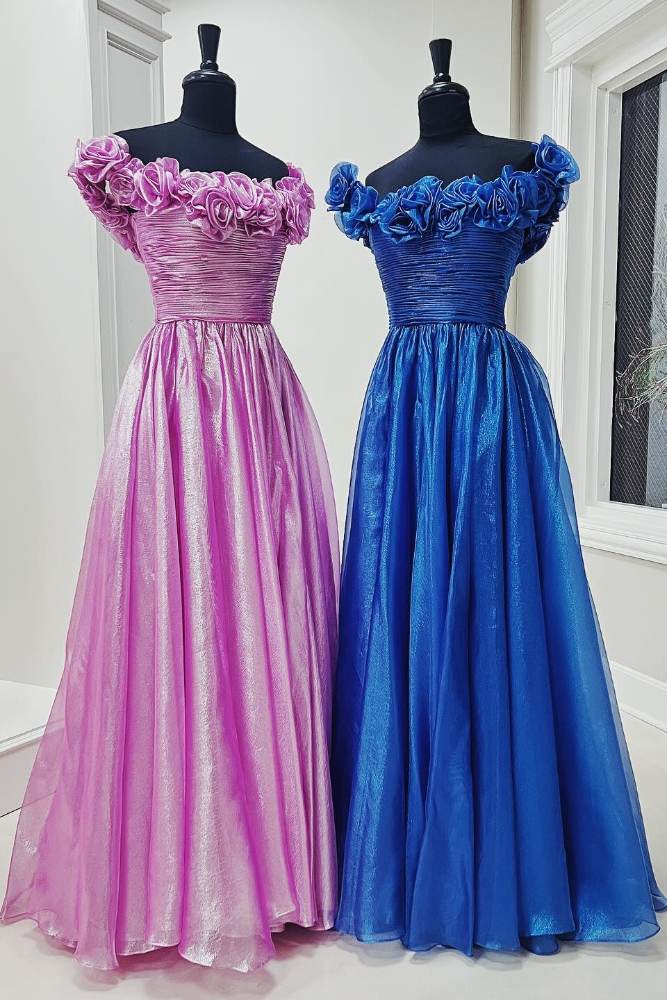Fuchsia Off the Shoulder 3D Floral A-Line Long Prom Dress Full Shot Front Side 