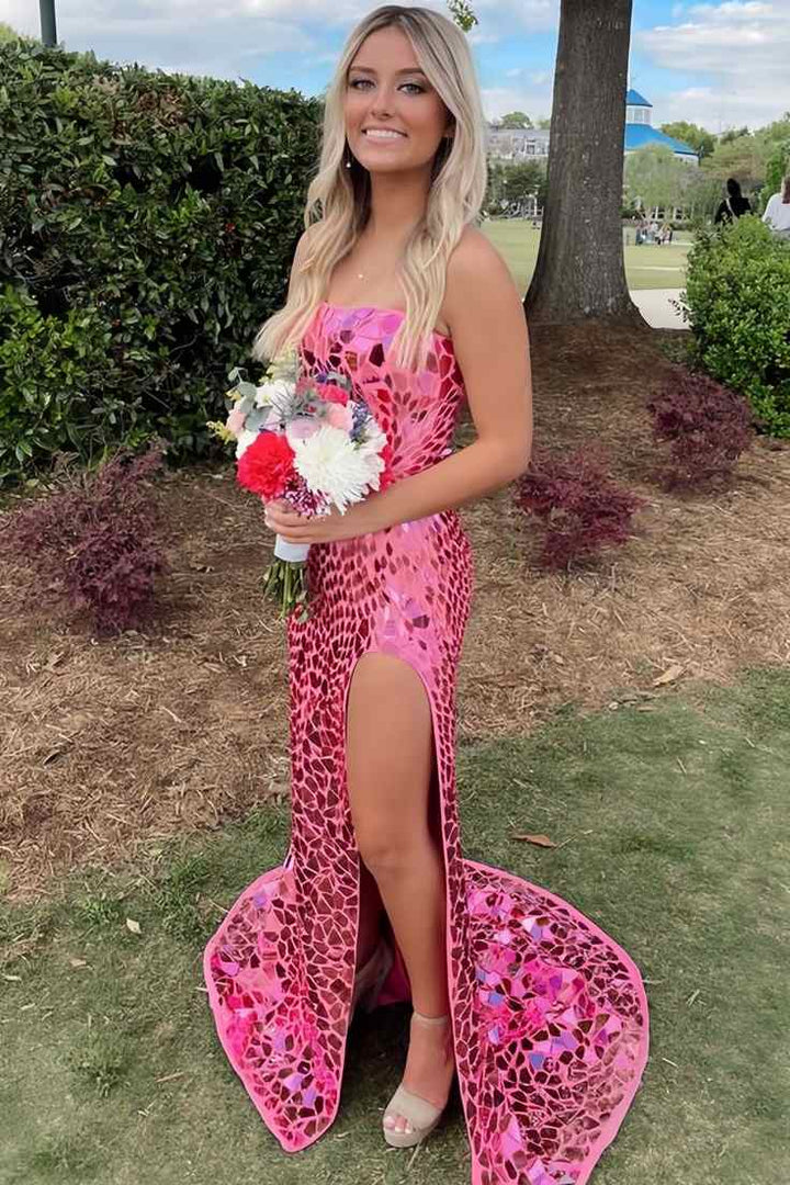 Fully Beaded Strapless Sleeveless Empire Party Prom Dress With Slit