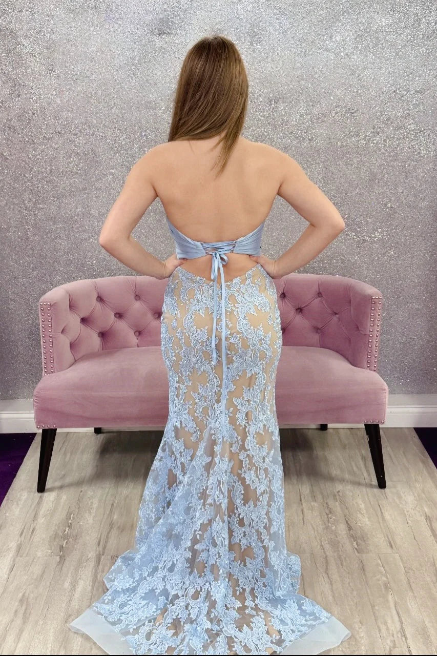 Fully Lace Mermaid Strapless Party Prom Dress With Leg Slit 