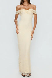 Fully Lace Ruffle Off-Shoulder Fitted Floor-Length Party Prom Dress