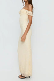 Fully Lace Ruffle Off-Shoulder Fitted Floor-Length Party Prom Dress