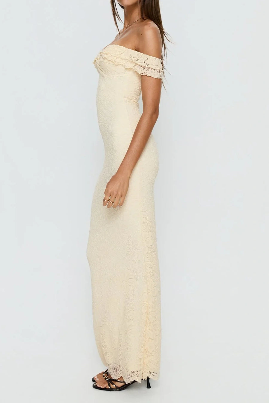 Fully Lace Ruffle Off-Shoulder Fitted Floor-Length Party Prom Dress