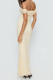 Fully Lace Ruffle Off-Shoulder Fitted Floor-Length Party Prom Dress