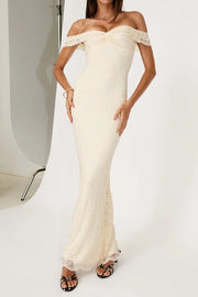 Fully Lace Ruffle Off-Shoulder Fitted Floor-Length Party Prom Dress