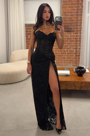 Fully Lace Sweetheart Strapless Black Party Prom Dress With High Slit