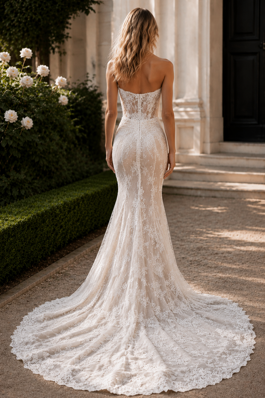 Fully Lace Sweetheart Strapless Mermaid Split Wedding Dress With Train