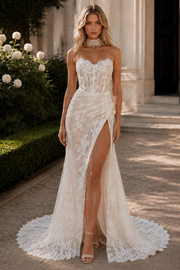 Fully Lace Sweetheart Strapless Mermaid Split Wedding Dress With Train