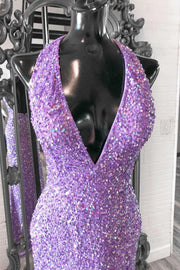 Fully Sequins Low V-Neck Halter Open Back Prom Dress